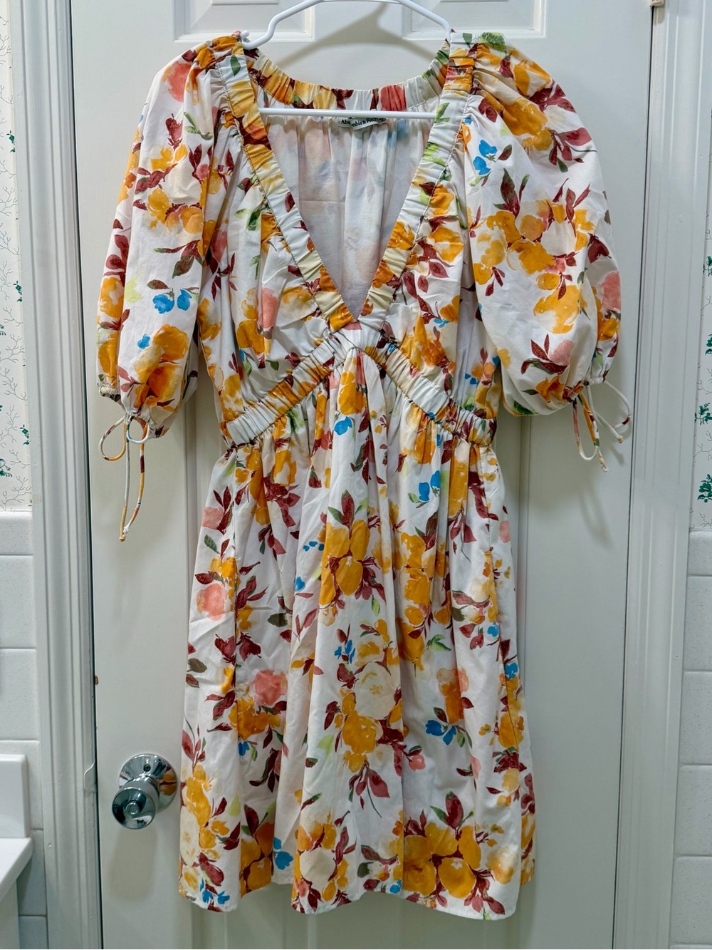 Abercrombie & Fitch Floral Puff-Sleeve Dress - Yellow, White, Blue